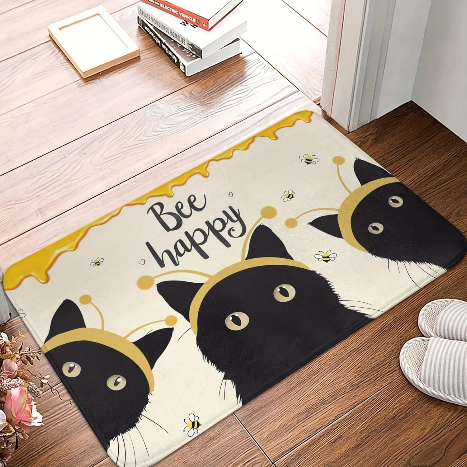 Zerbino di benvenuto Bee Happy Black Cat da 1 pezzo, tessuto in poliestere, lavabile in lavatrice, adatto per la cucina domestica, la lavanderia
