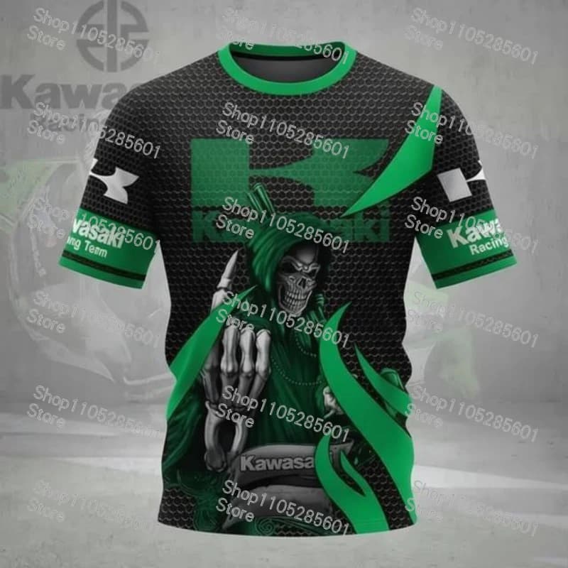 Kawasaki Skull Pattern Casual Short-sleeve T-shirt Motorcycle Racing Culture Print Top Daily Trendy Sportswear