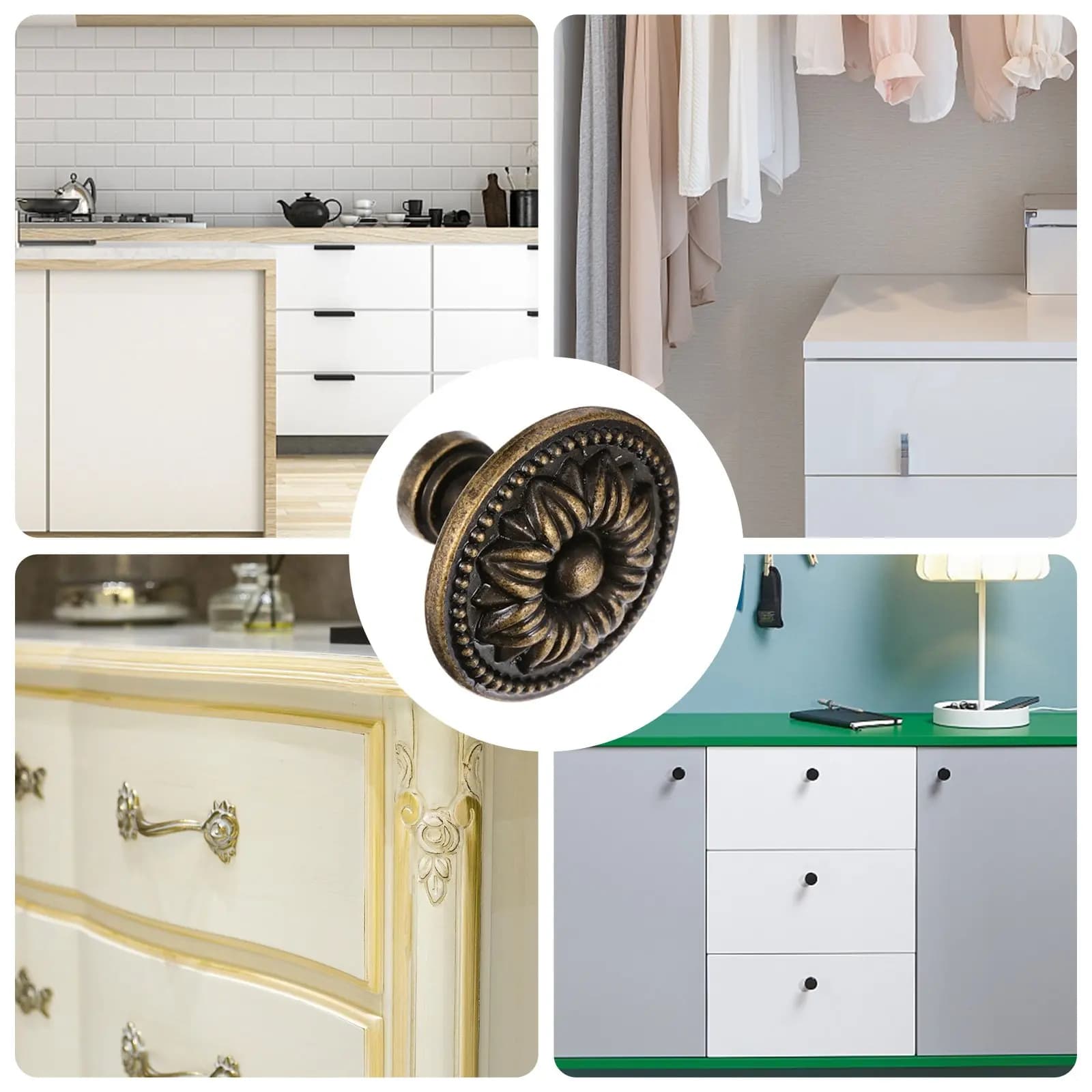 Maniglie rotonde in lega di zinco in stile vintage europeo, 4 pezzi, finitura bronzo, per mobili, cassetti, ante, guardaroba