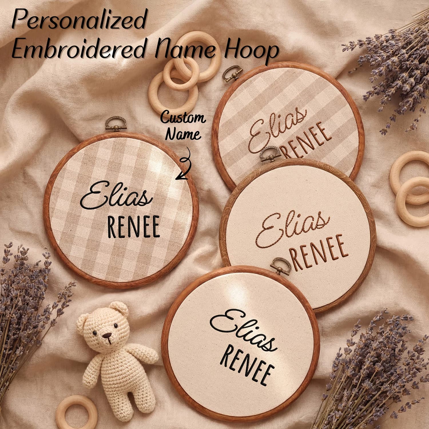 1pc Personalized Custom Name Embroidered Hoop Sign Linen Wooden Embroidery Hoop Wall Decor Newborn Baby Nursery Name Sign