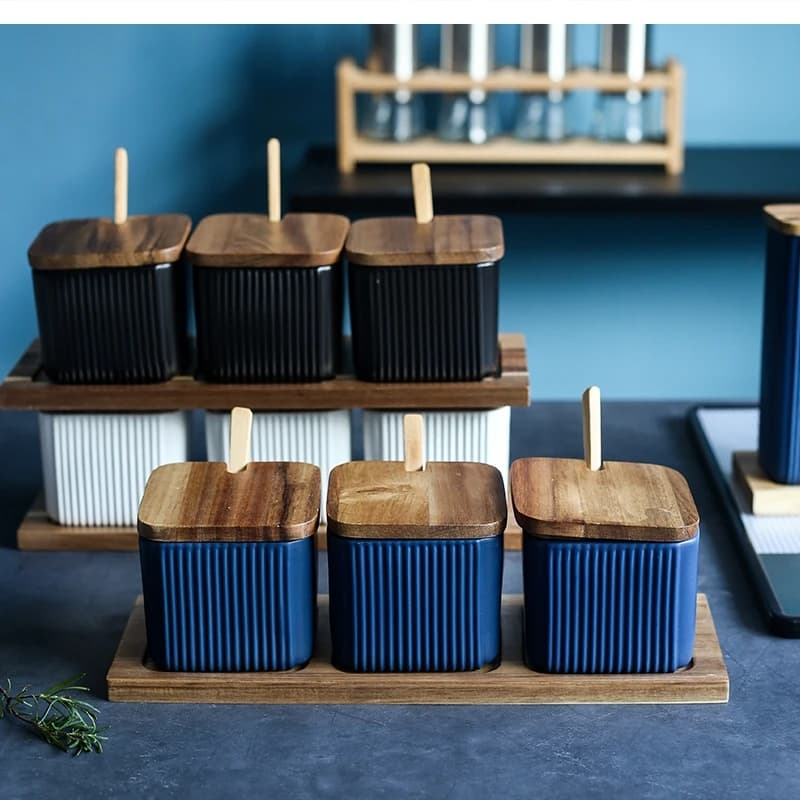 Bottiglia di olio per condimenti in ceramica a strisce Set di shaker da cucina Legno di acacia leggero