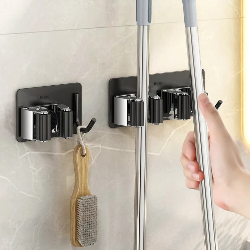 Self-Adhesive No-Drill Mop And Broom HolderStainless Steel Hooks for Kitchen Toilet Bathroom Organization Storage Solution