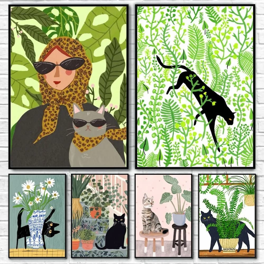 Pittura Diamantata 5D Senza Cornice, Piante Verdi e Gatto Nero, Kit Mosaico a Punto Croce, Decorazione Murale per Casa