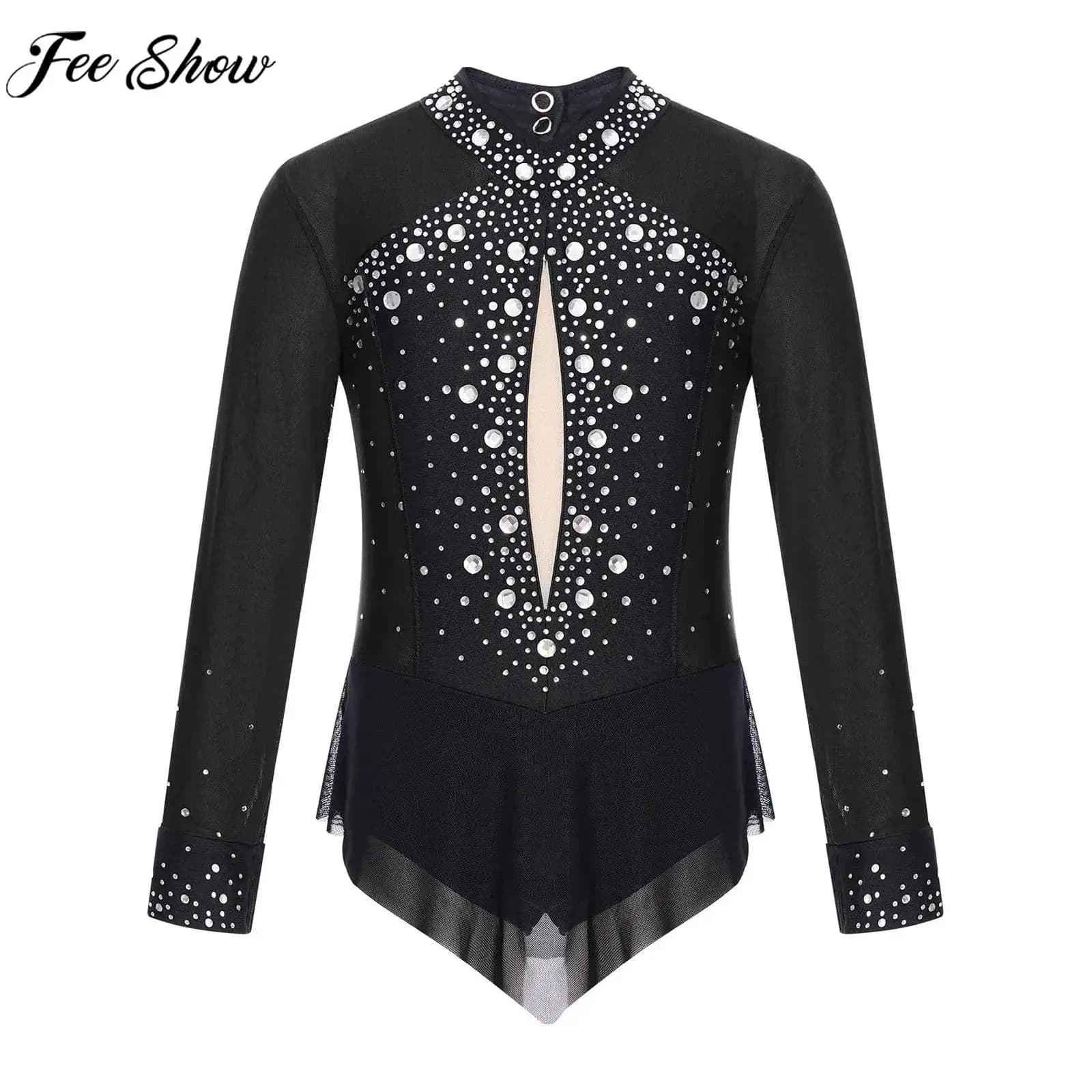 Costume da pattinaggio di figura per ragazza per bambini, balletto, danza, ginnastica, acrobazie, body a maniche lunghe, con strass lucidi, body in rete trasparente