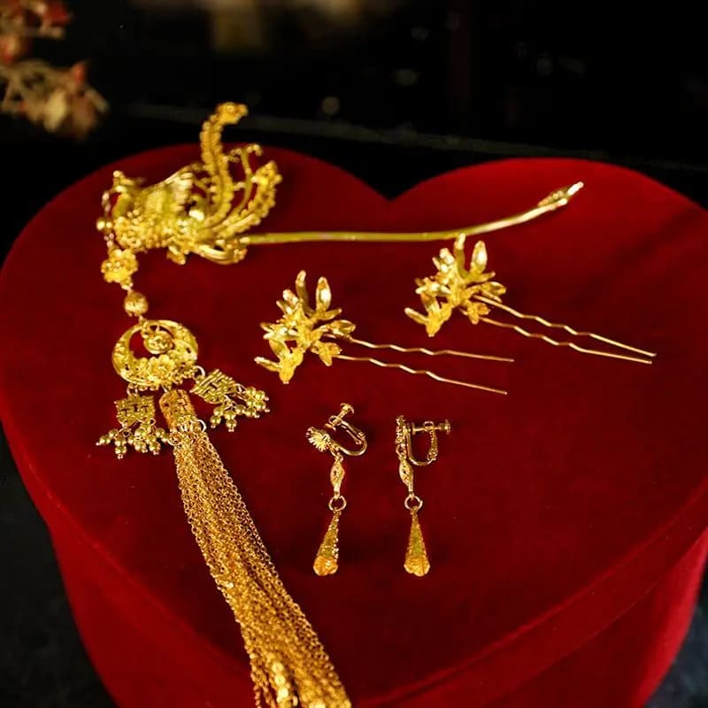 Xiuhe Copricapo Placcato in oro Sposa classica cinese Matrimonio Drago e Phoenix Giacca Accessori per capelli Phoenix Nappa Forcina