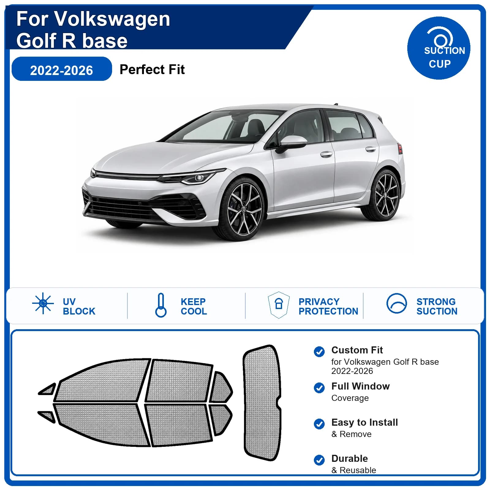 For Volkswagen Golf R base 2022-2026 Custom Full Set Windshield Sun Shade Aluminum Foil Heat Insulation Anti UV Foldable