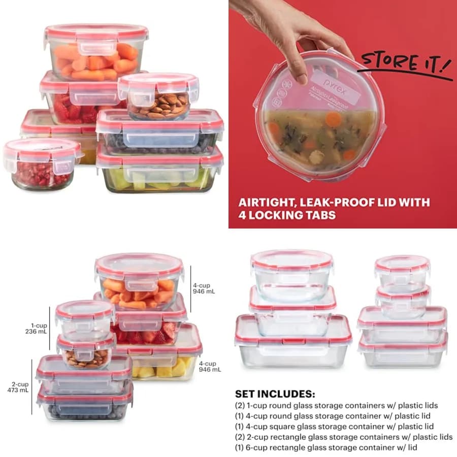 Set di Contenitori in Vetro Freshlock per Alimenti (1, 2, 4 Tazze), Ermetici e Antigoccia con Coperchi in Plastica con Chiusura, Senza BPA, per Preparazione Pasti