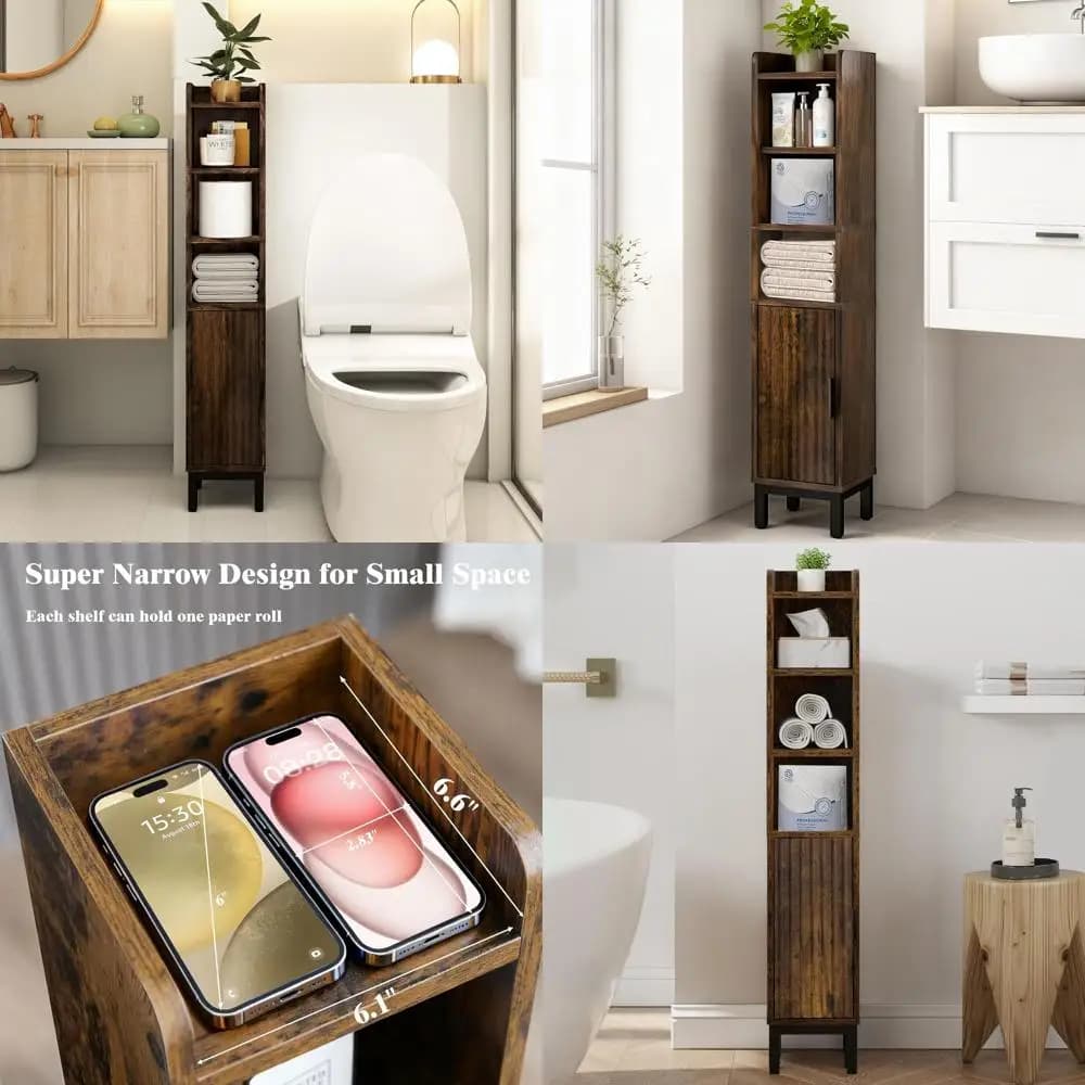 Mobiletto da bagno stretto, mobiletto angolare da pavimento in carta igienica a 5 livelli con anta e ripiani, organizer da bagno con regolazione