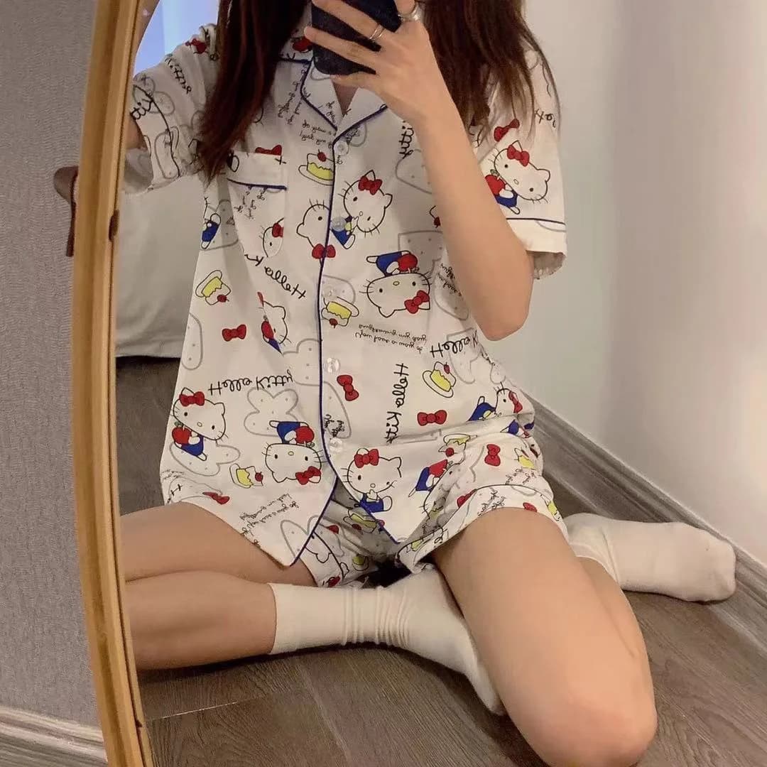 Sanrio Sleepwear Women's Summer Cardigan Short Sleeved New Summer Style Hello Kitty Home Suit Set