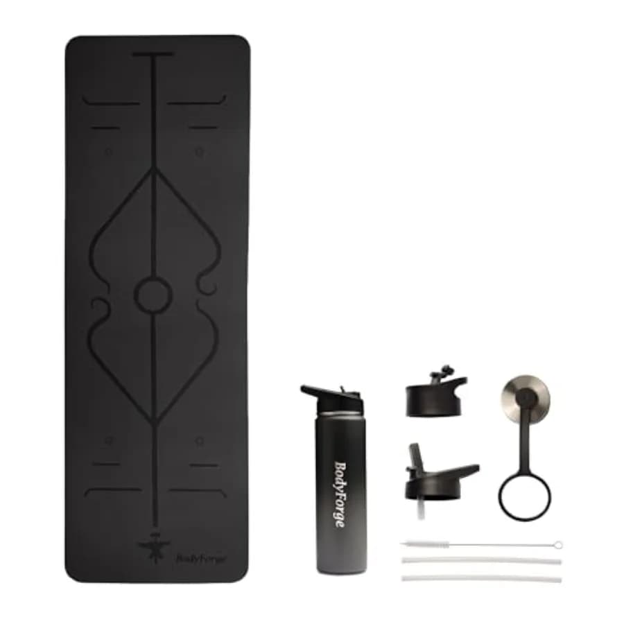 Tappetino Yoga Spesso BodyForge in TPE Ecologico con Indicatori di Allineamento Antiscivolo per Uomo e Donna, Allenamento, Pilates e Sport, con Borraccia 2