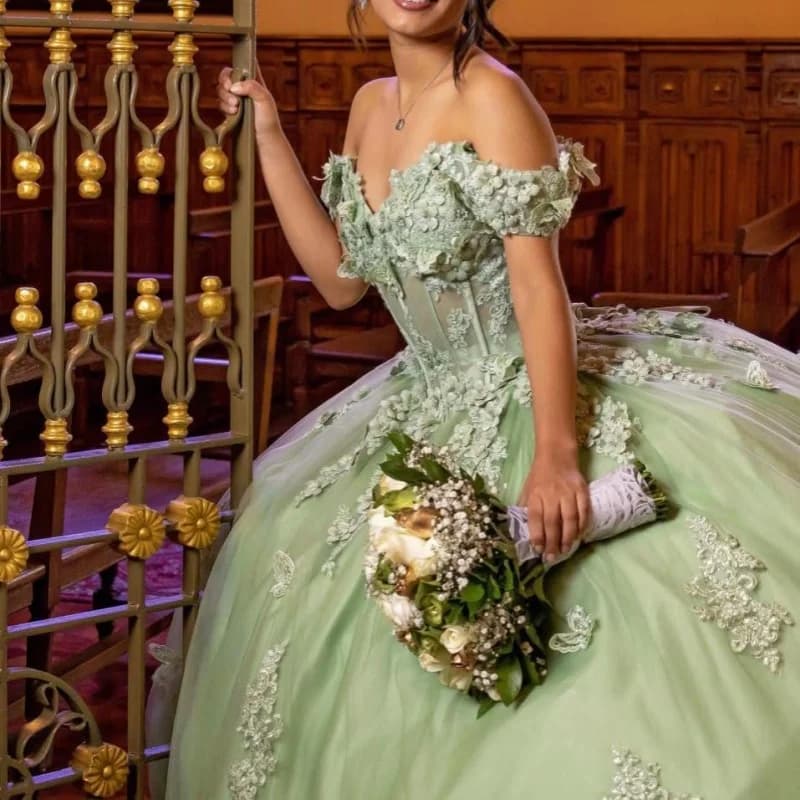 Abiti Quinceanera verde menta personalizzati con spalle scoperte applique in cristallo fiore 3D pizzo coda lunga Vestido 15 Quinceanera