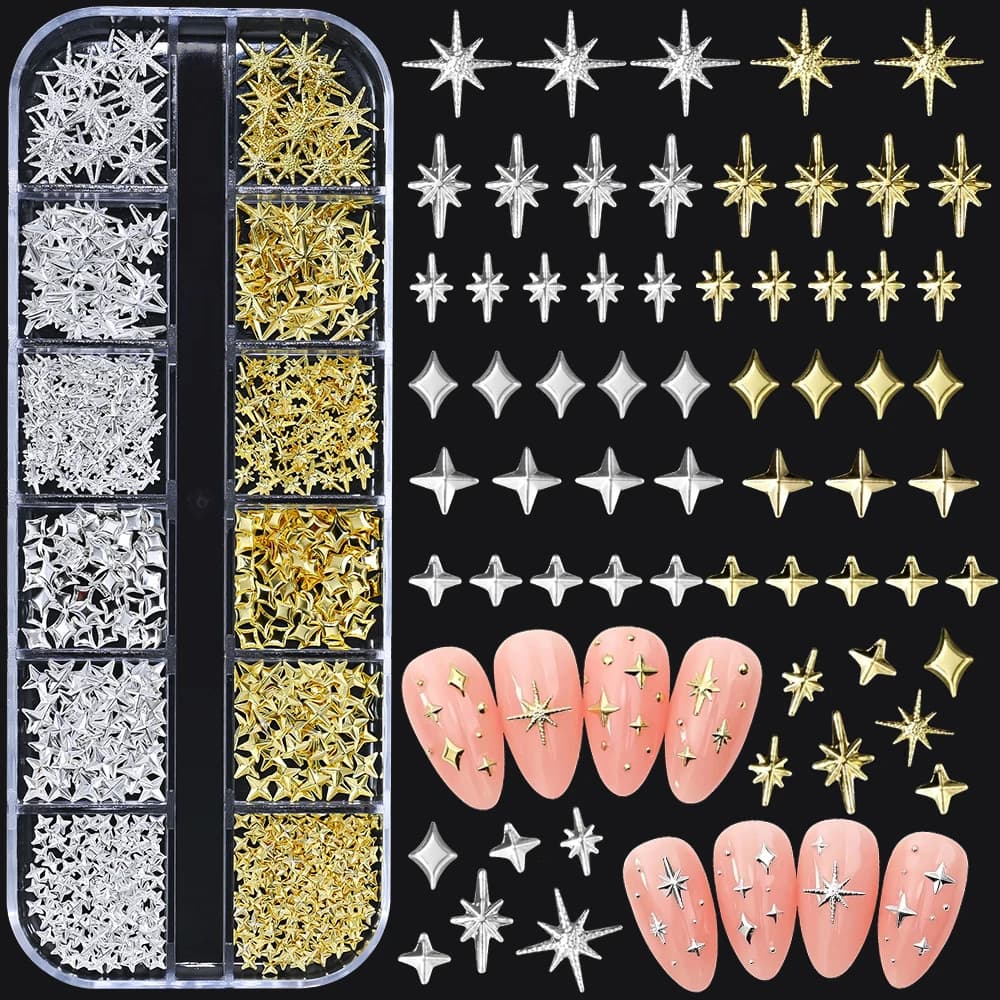 12Grids 3D Metal Studs Half Silver Half Gold Cross Stars Nail Charms Y2K Nail Art Decoration Starlight Accessories Nail Supplies