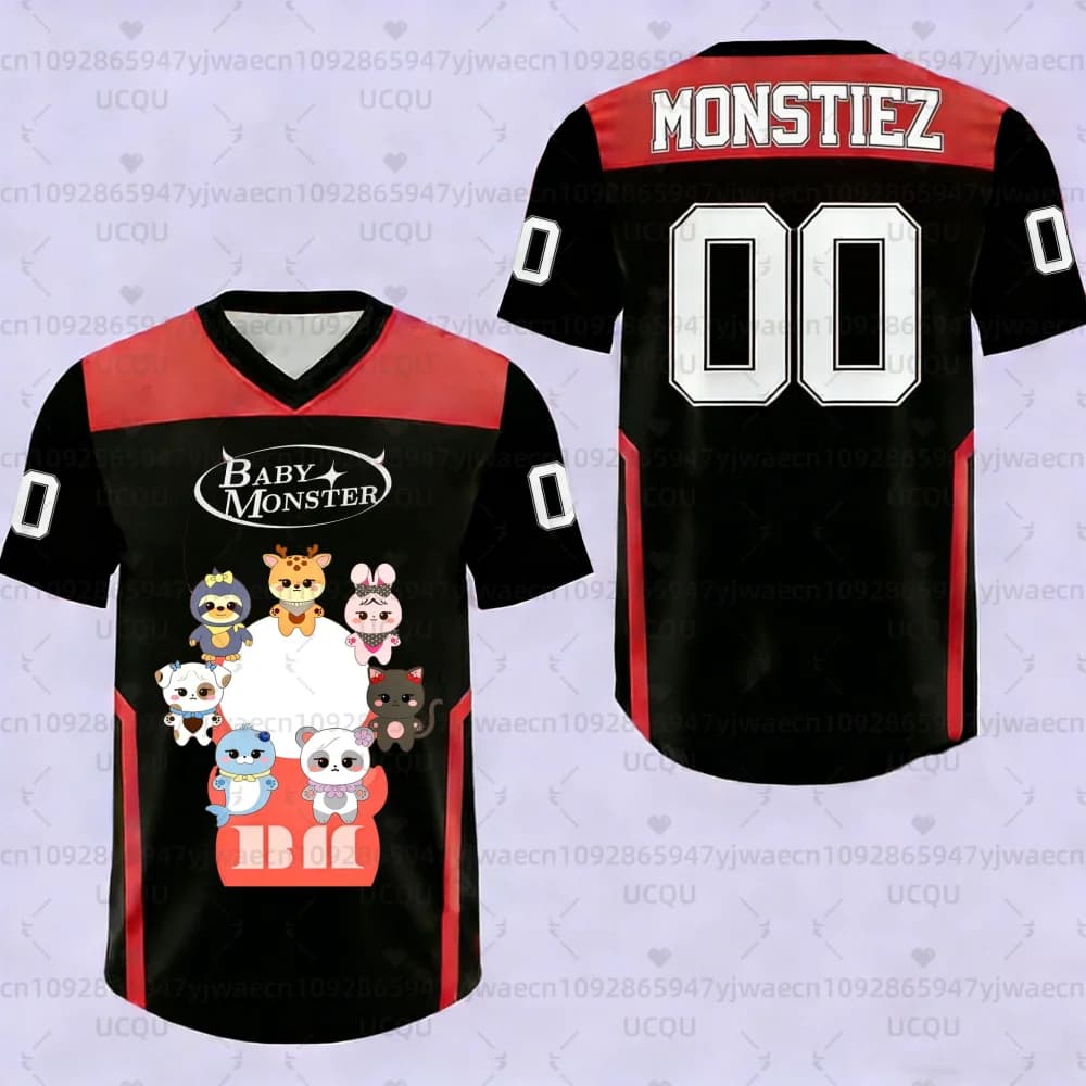 Nuova T-shirt Y2K alla moda per uomo e donna, con stampa cartoon BABYMONSTER, scollo a V, traspirante e ad asciugatura rapida, in jersey.