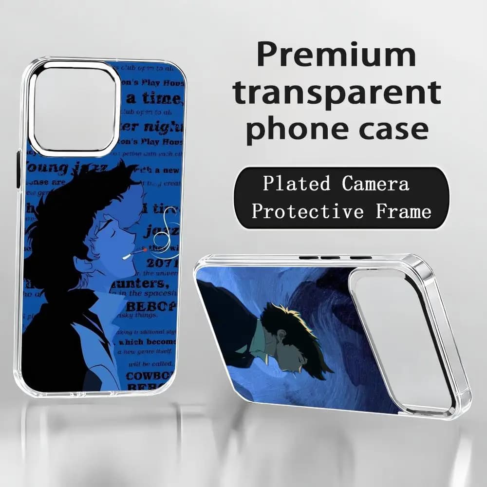 Cartoon C-Cowboy Bebop cool Phone Case For iPhone 17 air 16 15 14 13 12 11 Pro Max Plus Chrome Button Camera Ring Transparent