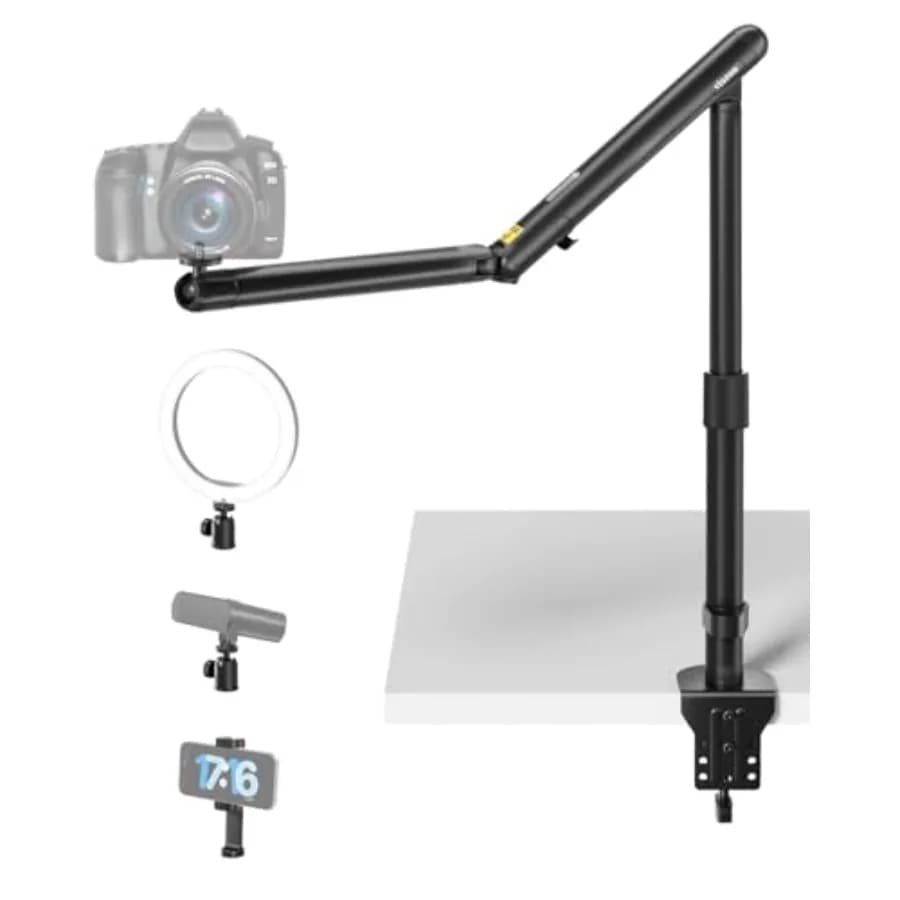 Overhead Camera Mount, Overhead Phone Stand, Flexible Aluminum Alloy Spring Arm with 360° Ball Head, 1/4"and3/8" Interface for