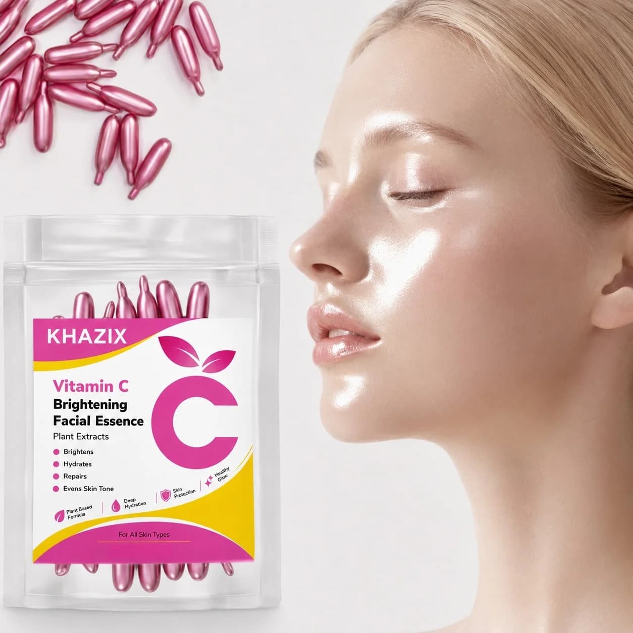 Vitamin C Brightening Skin Moisturizing Capsule Serum, hydrates and smooths the skin, contains plant squalane, vitamin E, magnol