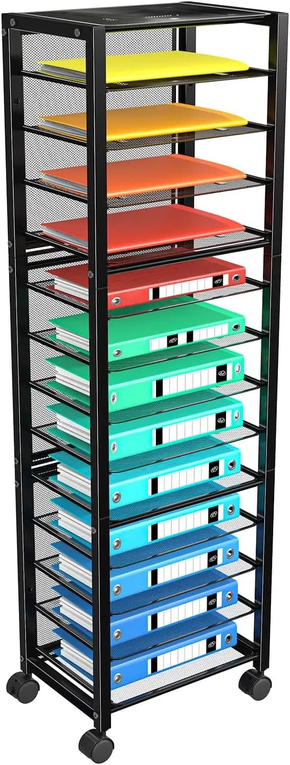 Carrello Portadocumenti a 14 Ripiani con Ruote Bloccabili, Organizzatore da Scrivania per Archiviazione Documenti, Nero