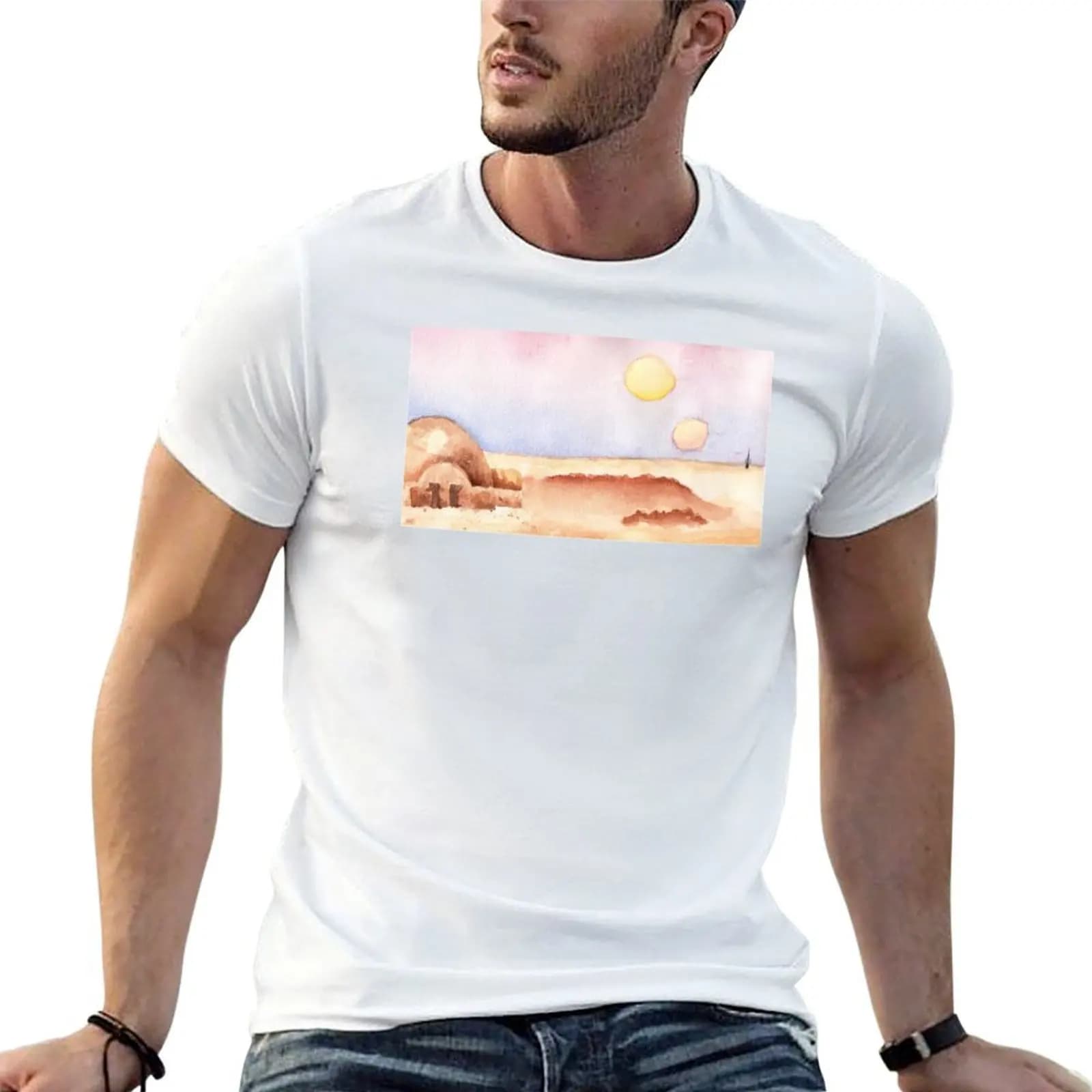 T-shirt con paesaggio di Tatooine, t-shirt in cotone, t-shirt essenziale da collezione