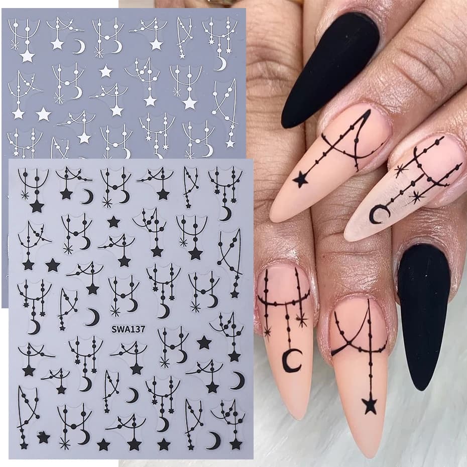 2 pezzi adesivi per unghie stile bohemien argento nero stella luna catena striscia autoadesive decalcomanie per unghie decorazione cursore manicure fai da te