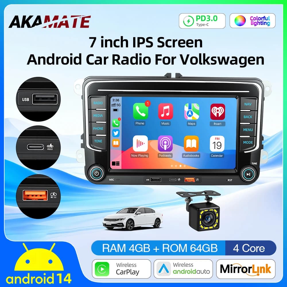 Autoradio da 7 Pollici per VW Volkswagen Passat Polo Golf con CarPlay, Android Auto, FM, EQ, RDS, Doppia USB, Tipo-C, Ricarica Rapida PD3.0, 4GB+64GB