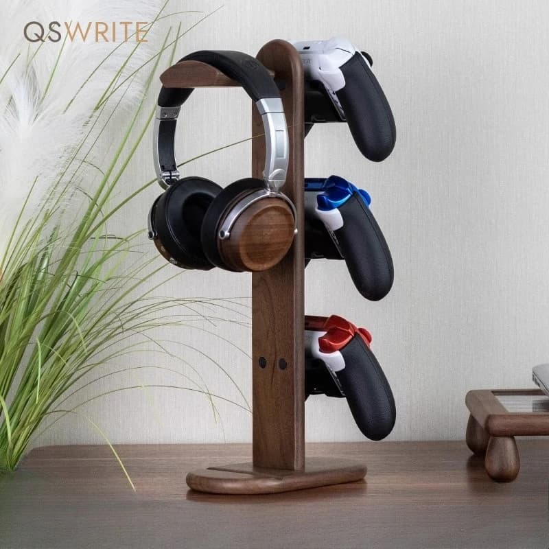 Supporto per cuffie indossabile in legno di noce Interruttore in legno Controller di gioco Espositore per archiviazione in legno massello Nessuna installazione richiesta