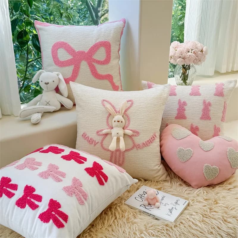 INS Federa con ricamo fiocco rosa San Valentino Decorazione coniglio bianco Fodera per cuscino per divano Soggiorno Letto Fodera per cuscino in cotone PP