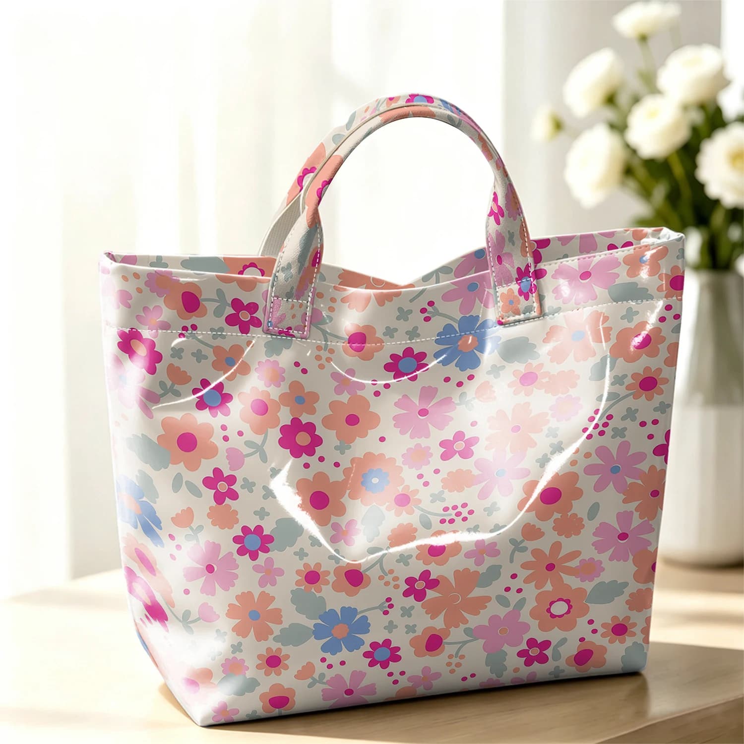 Pastel Tiny Floral Cute Large Glossy PVC Tote Bag Hand Washable Lightweight Soft for Travel Commute Makeup Storage Handbags