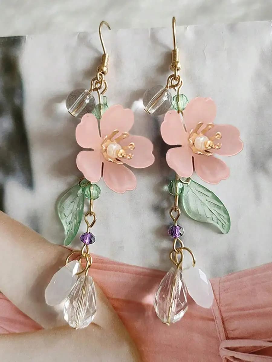 Orecchini pendenti romantici a goccia con fiori rosa per donna, gioielli casual per le vacanze