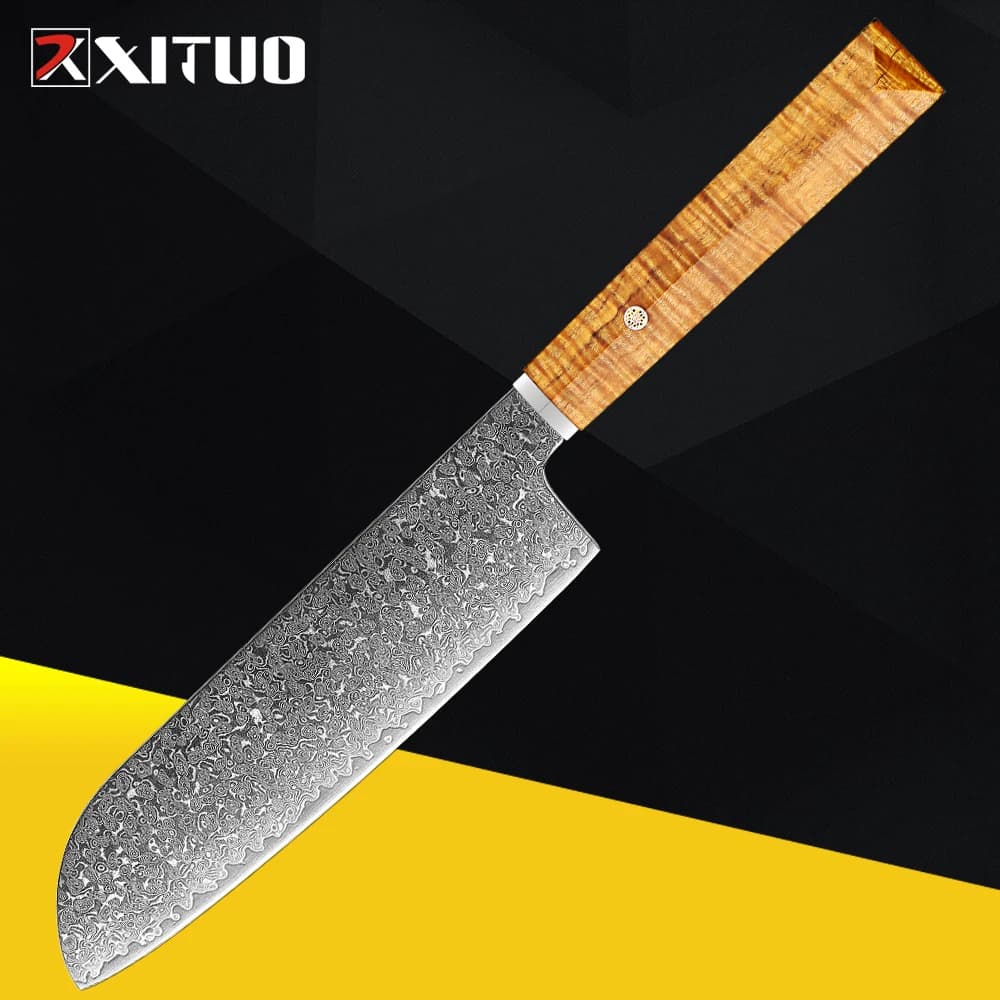Santoku knife, professional kitchen knife in Japanese damask steel Santoku Chef, Goldtone ergonomic handle, Super sharp cook knives