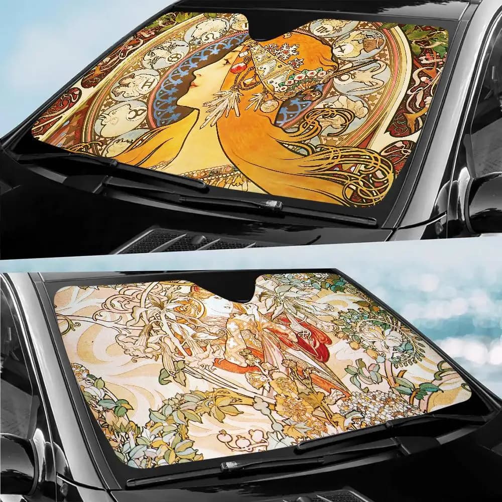 Arte A-Alphonse M-Mucha Illustrazione Parabrezza per auto Parasole Copertura Pieghevole Automotive Parasole Visiera Finestra Uv
