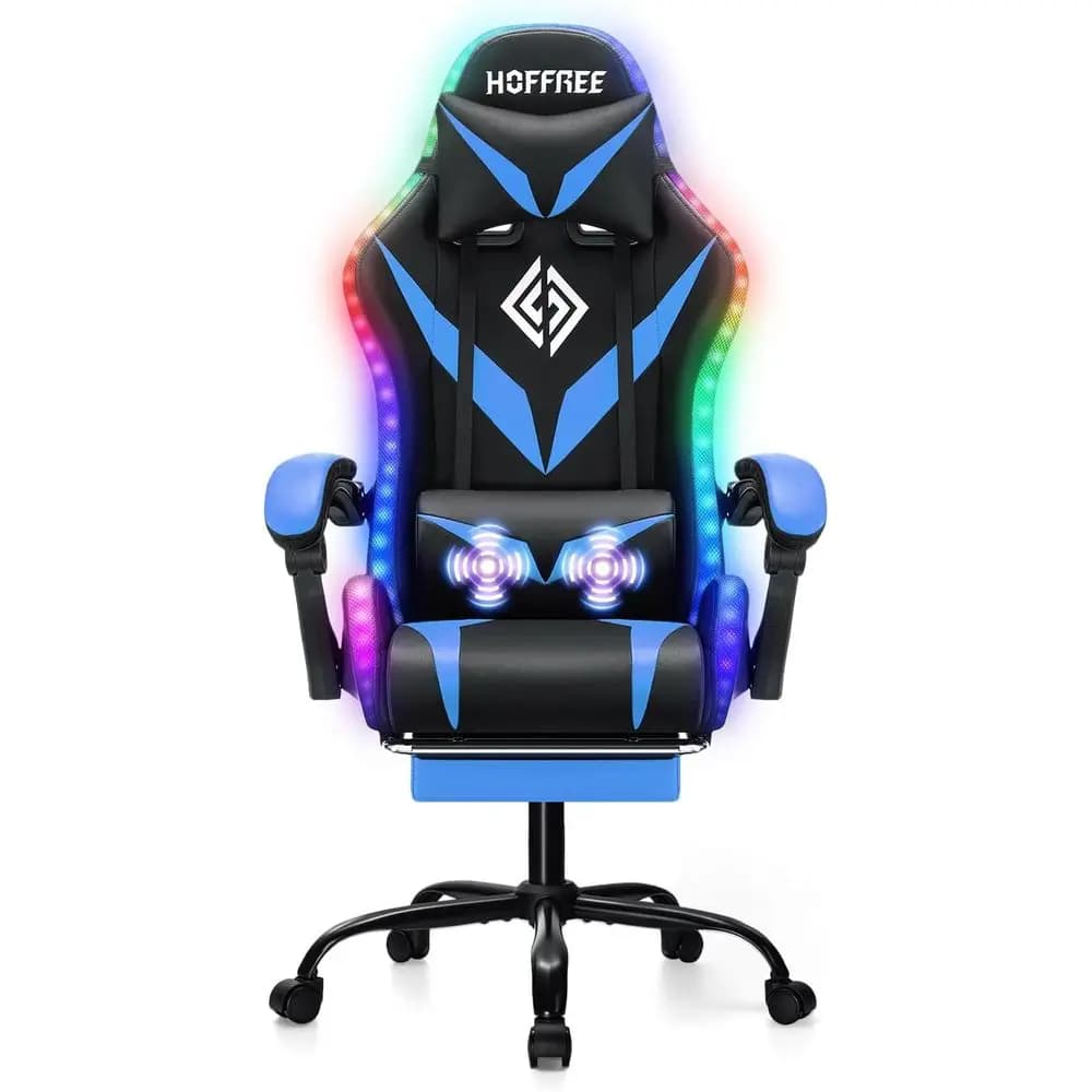 Ergonomic High-Back Reclining Gaming Chair with Massage, LED Lights, and Adjustable Lumbar Support - Blue & Black