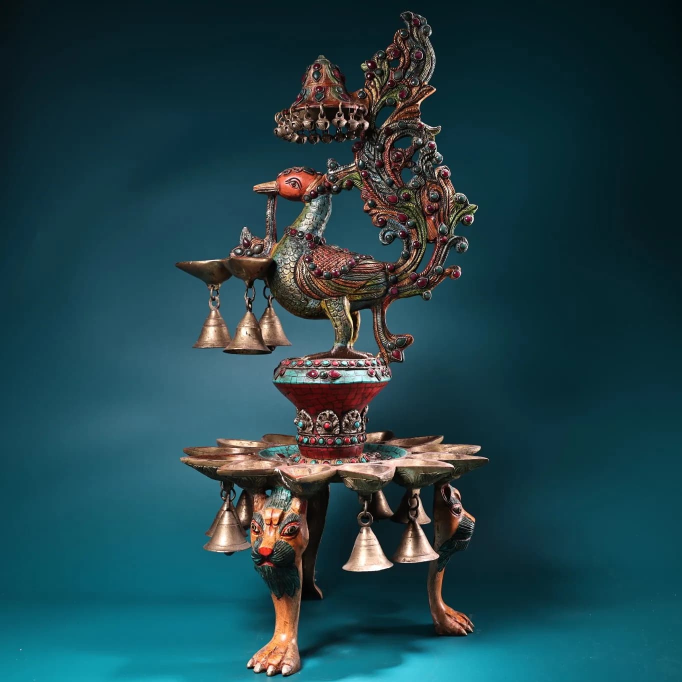25"Tibetan Temple Collection Old Bronze Outline in gold Mosaic Gem Turquoise Phoenix Statue Buddha Bell Candlestick Worship Hall