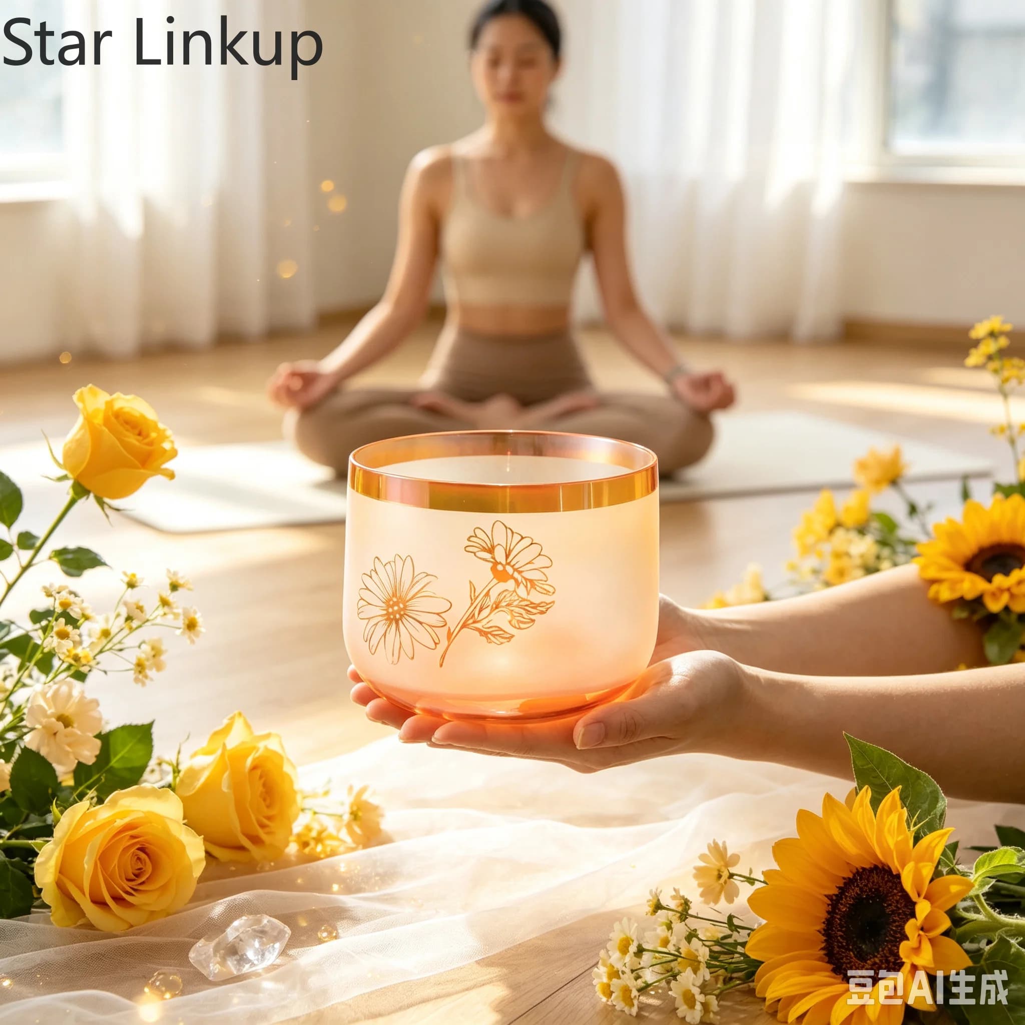 Star Linkup 7 Inch Summer‑Flower Shaded Clear Quartz Crystal Singing Bowl, Sound Healing Meditation Percussion Instrument With Rubber Mallet
