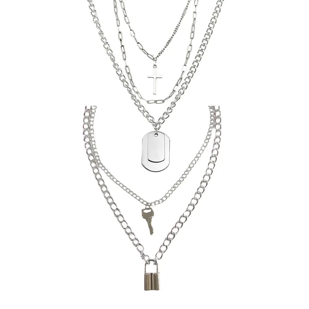 2Pcs Key Sweater Chain Cross Lock Shape Necklace Fashionable Clavicle Adornment Vintage Jewelry Gift Cross Shaped Necklace