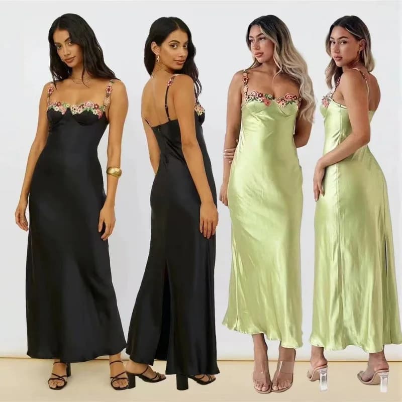 Princess Polly Long Sleeveless Neckline Dress Embroidered Flower Wrap around Skirt European Style Loose Waist Modal Fiber