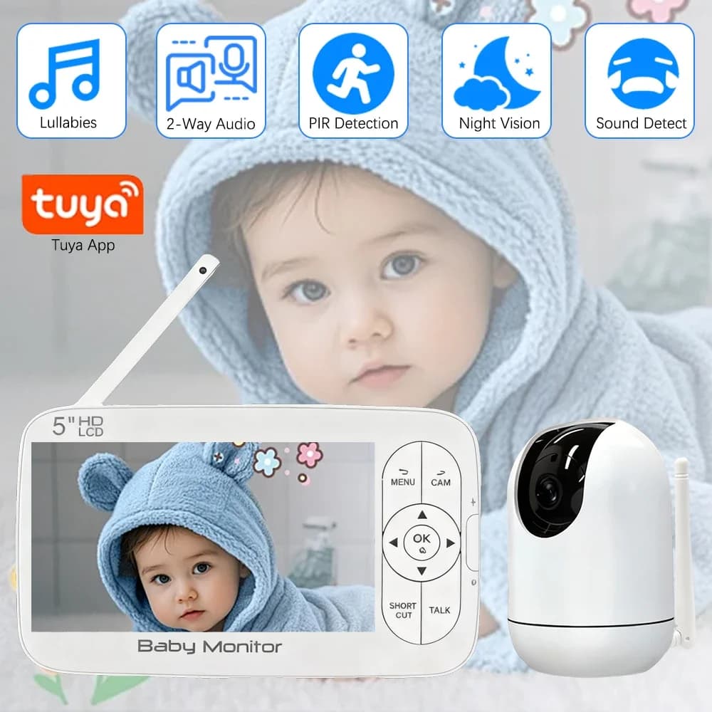 Monitor Video per Bambini TUYA da 5 Pollici con Telecamera Pan-Tilt, Sorveglianza Genitore-Bambino, Telecamere PTZ con Display della Temperatura, Telecamera di Sicurezza Domestica