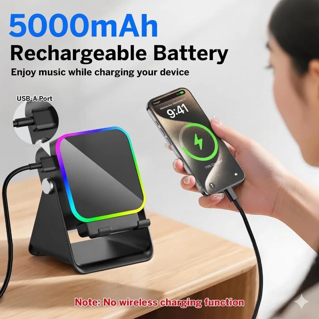 (Upgrade) Altoparlante a Induzione Wireless 5 in 1 con 8 Luci RGB, Supporto per Telefono, Audio Surround, Portatile, Supporto Bluetooth per Telefono