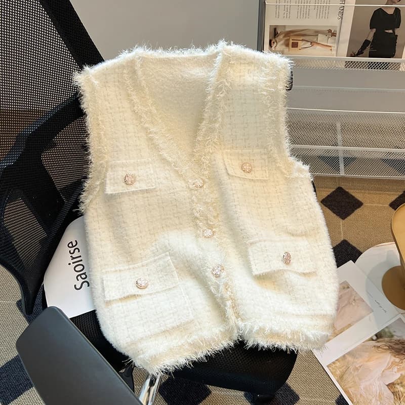 Ves in maglia scintillante da donna Cappotto da giacca scozzese senza maniche con tasca abbottonata morbida e sfocata Autunno Inverno Abito di lusso