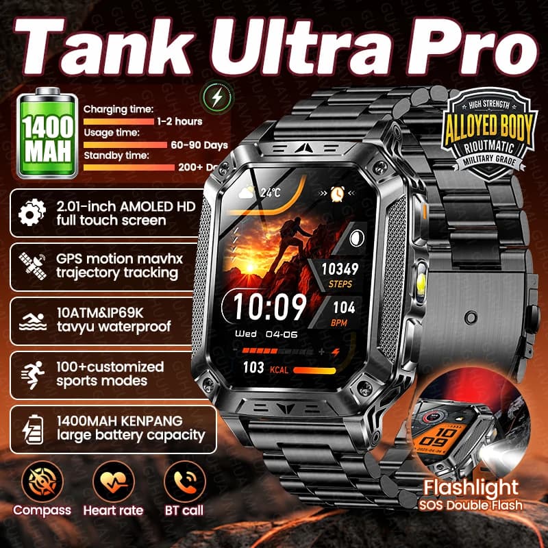 Nuovo Smartwatch Militare TANK Ultra PRO 2026 per Uomo, Batteria Grande da 1400mAh, Torcia, GPS, Impermeabile 10ATM, Chiamate BT, Orologio Sportivo