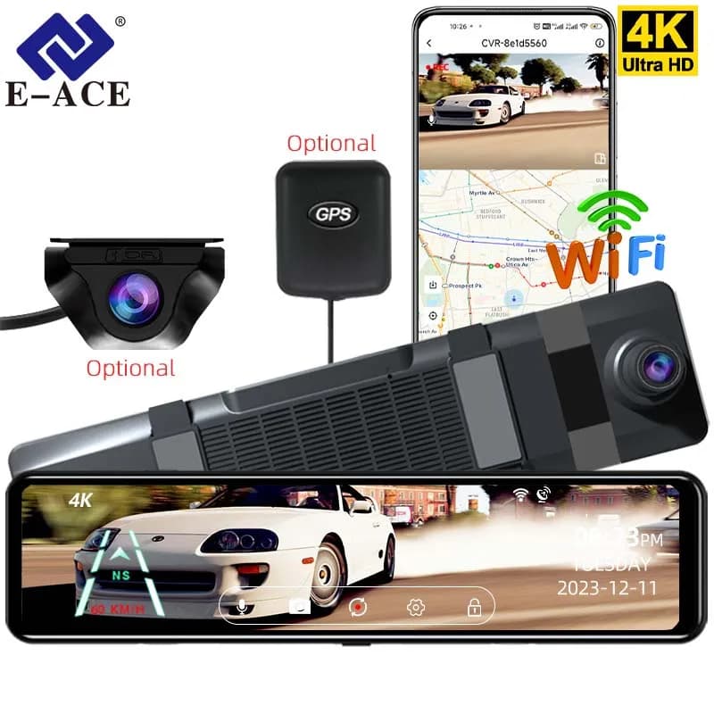 E-ACE 12'' Registratore Video Touch Screen per Auto, Specchietto Retrovisore 4K WIFI, Dash Cam Anteriore Opzionale 1080P, Telecamera Posteriore GPS, DVR a Specchio