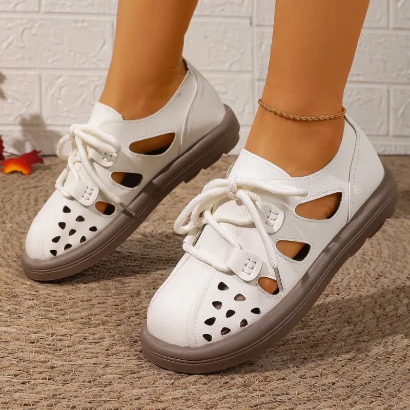 Summer Women Fashion Sandals Hollow Out Women's Leather Shoes Walking Comfortable Soft Sole Flats Casual Breathable Sneakers