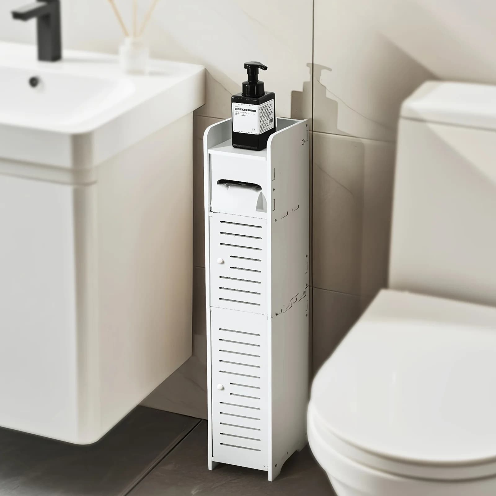 Small Bathroom Storage Cabinet, Slim & Crafed PVC Organizer, Ideal for Tight Spaces, Easy to Assemble & Durable, Multi-Purpose Toilet Paper Holder Cabinet for Bathroom, Bedroom & Living Room, Valentine'S Day Gift, (8 Mm Material Thickness)