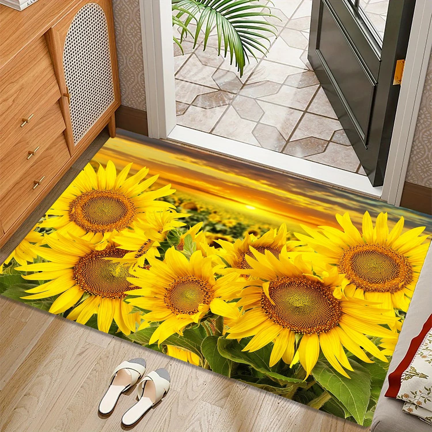 Sunflower carpet in velvet and printed flannel, decorative mat with natural design, for entrance and home decoration
