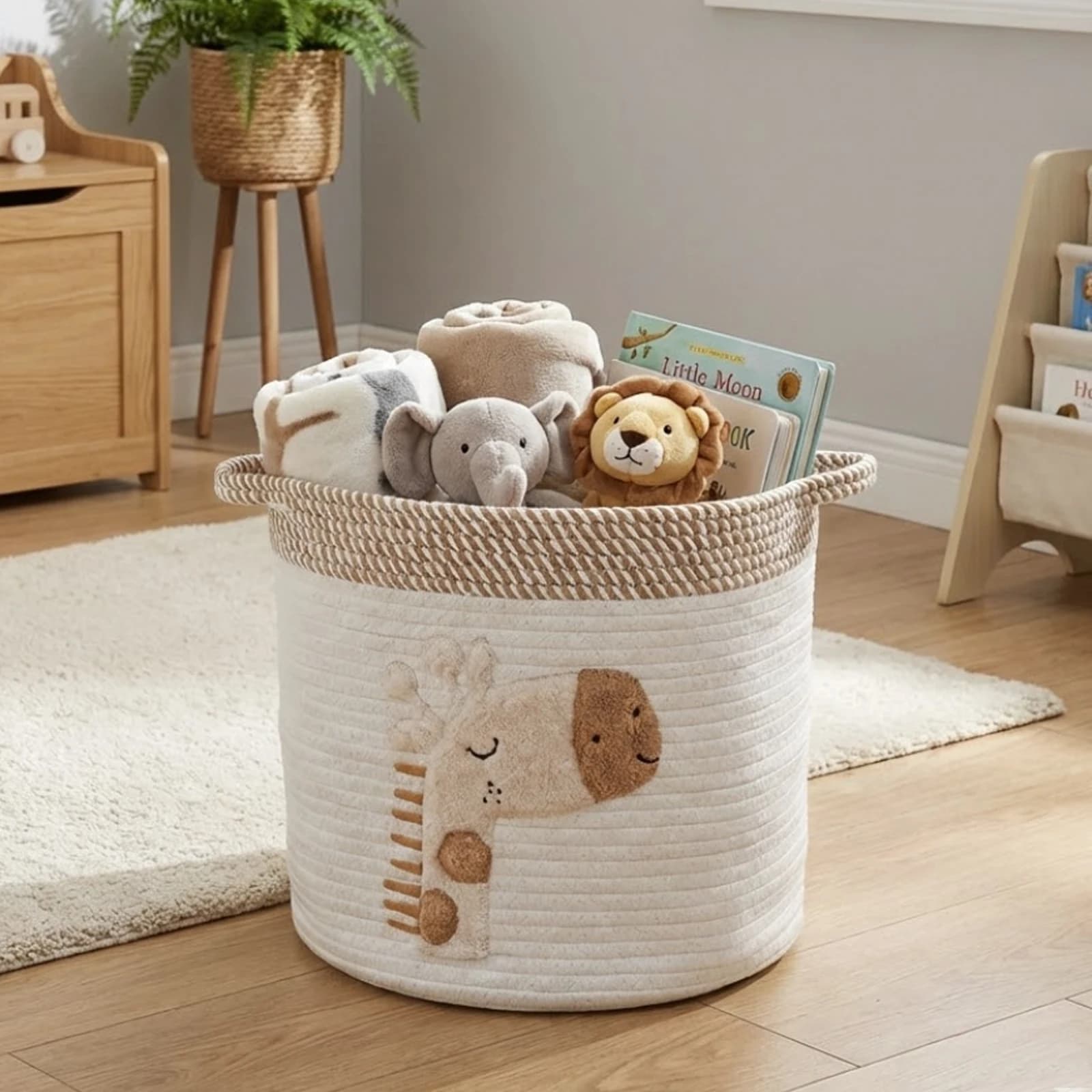 Gift Basket in Cotton Corda for Children, Nice Basket with Embroidery in Giraffa, Room Basket, for Bathroom and Furnishing Home