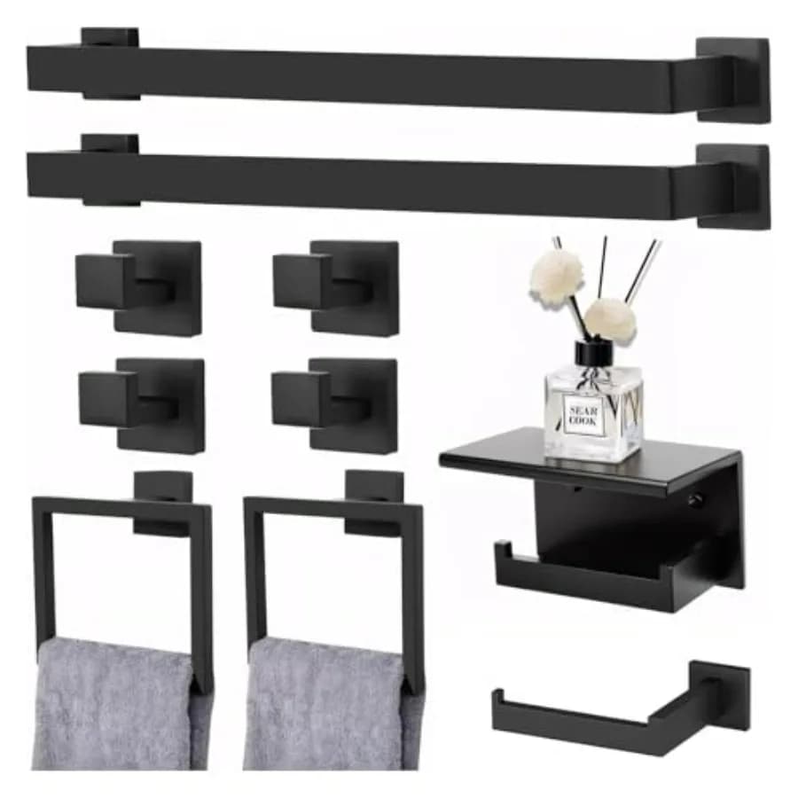 Set di portasciugamani da parete per bagno: acciaio inossidabile nero opaco, barra da 23,6 pollici, 10 accessori hardware per il bagno