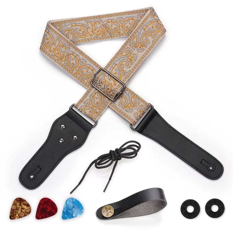 Tracolla per chitarra ricamata con plettro collegabile Tracolla per chitarra acustica acustica jacquard Set di cinghie per basso per chitarra elettrica larga