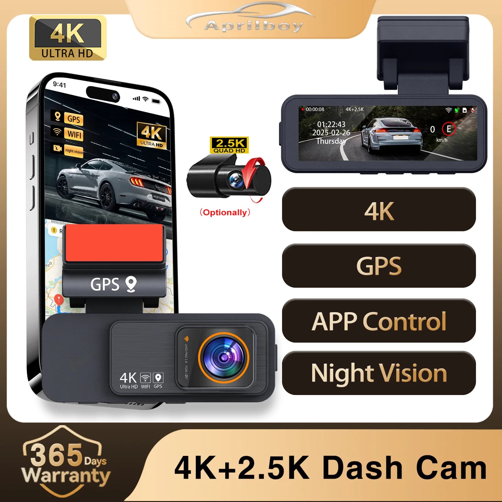 Aprilboy 3.2 pollici 4K Dash Cam Doppia Lente UHD Registrazione Telecamera per Auto DVR Videoregistratore per Visione Notturna WiFi Integrato GPS 24H Parcheggio