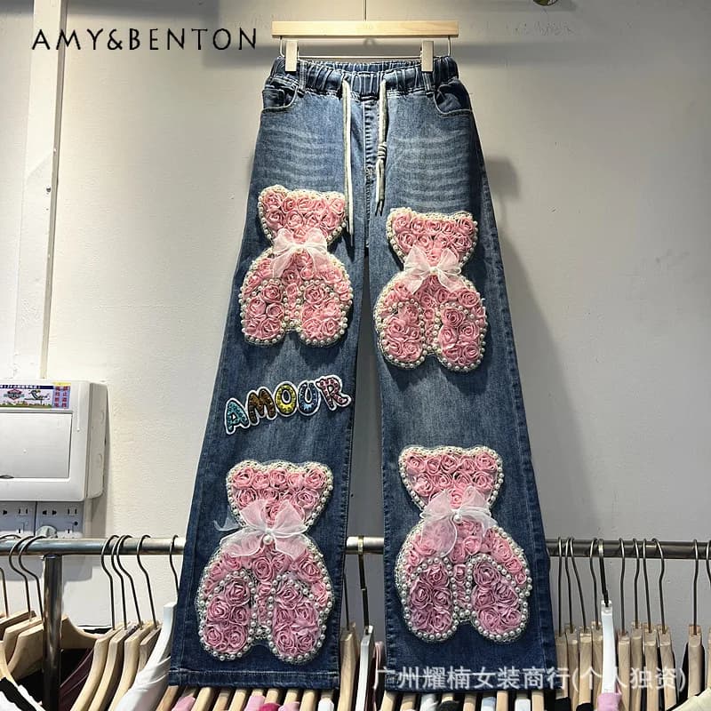 Jeans a gamba larga con perline e lettere in stile americano, con motivo a cartoni animati, vita elasticizzata, versatili, casual, a lunghezza intera, per donna.