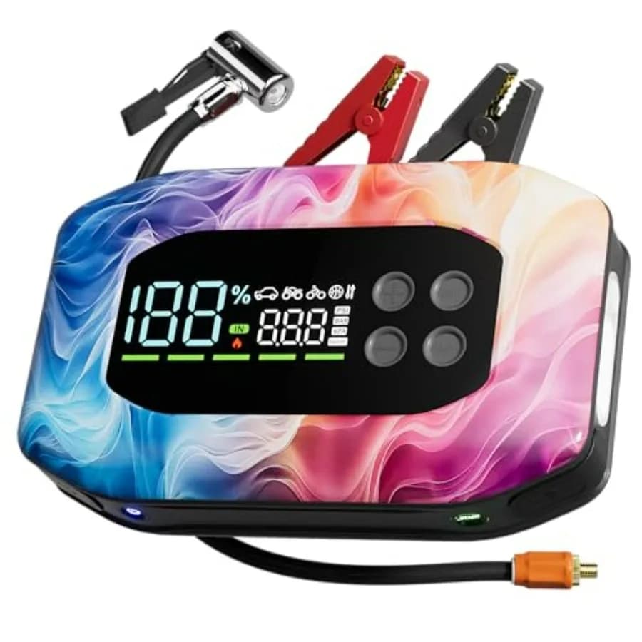 Avviatore di Emergenza Portatile 2000A con Compressore d'Aria per Motori 12V Benzina/Diesel, Gonfiatore Pneumatici 150PSI, 10000mAh 33W Ricarica Rapida Bidirezionale