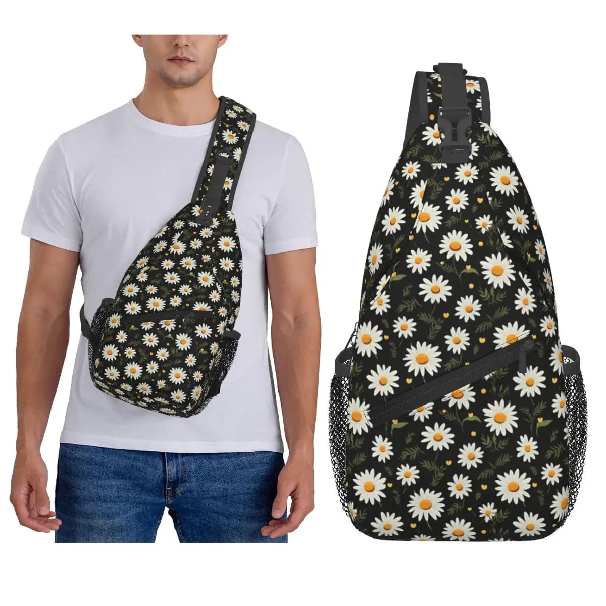 Cute Daisy Flowers Chest Bag Men Sling Crossbody Backpack Chest Bag Traveling Hiking Daypack Shoulder Bag